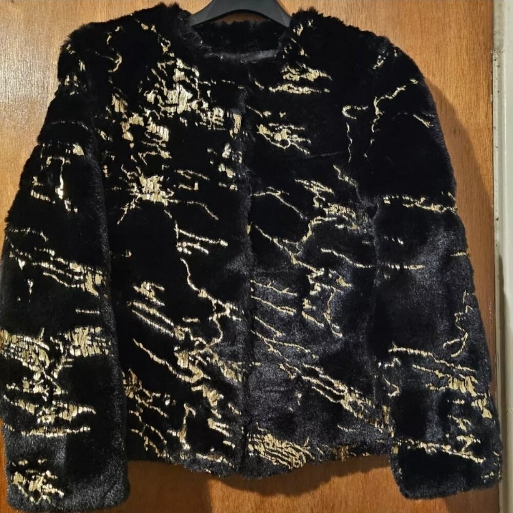 NWT Donna Salyers Fabulous Furs XS Black Fox and Gold Fleck Accent Faux Fur Coat
